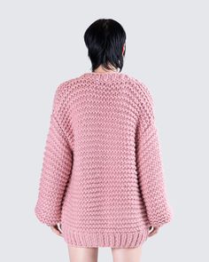 Cozy up in the cutest way with this slouchy pink cardigan 💗 Crafted from high-quality hand-knitted fabric, this piece features an oversized fit and long sleeves, perfect for those snug and stylish moments 😌 Pink Knit Sweater For Winter, Knit Sweater For Loungewear, One Size Knit Sweater For Loungewear, Chunky Knit Long Sleeve Sweater For Loungewear, Cozy Chunky Knit Sweater Coat For Loungewear, Cozy Knitted Sweater Coat For Loungewear, Knitted Relaxed Fit Cardigan For Loungewear, Knit Long Sleeve Cardigan, Pink Knitted Sweater For Winter