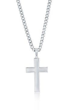 A polished cross pendant suspends from a curb chain for a timeless piece you can wear on the daily. 24" length; 1 1/2" pendant Goldtone plate/stainless steel Imported Silver Cross Necklace With Curb Chain, Cross Necklace For Boys, Stainless Steel Cross Necklace With Curb Chain, Silver Cross Necklace For Men, Silver Cross Necklace Mens, Mens Cross Chain, Boys Necklaces, Cheap Nickel-free Cross Necklaces, Silver Cross Chain