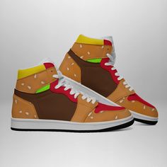 Description Step up your footwear game with these unique Burger High-Top Sneakers! Inspired by the classic hamburger, these sneakers are a playful addition to any wardrobe. The design features vibrant colors and detailed graphics resembling a juicy burger, complete with sesame seed buns, lettuce, cheese, and tomato slices. These sneakers are perfect for food lovers, sneaker enthusiasts, or anyone looking to add a quirky touch to their outfit. Made with high-quality materials for comfort and dura Retro Basketball Shoes With Round Toe And White Sole, Retro Custom Sneakers With Boost Midsole, Retro High-top Custom Sneakers With Gum Sole, Retro Custom Sneakers With Red Sole And Round Toe, Retro High-top Custom Sneakers With Rubber Sole, Retro High-top Sneakers With White Sole, White Retro High-top Sneakers, Brown High-top Custom Sneakers With Red Sole, Classic Hamburger