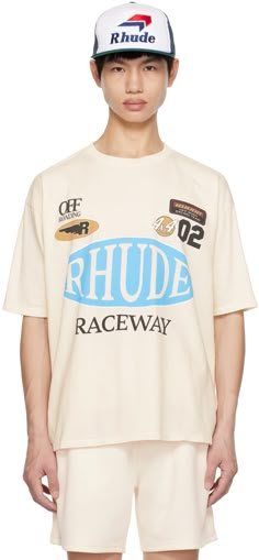 Rhude: SSENSE Exclusive Off-White Raceway Tee T-Shirt | SSENSE Tees Graphic Design, Off White Design Graphic, Front T Shirt Design, Rhude Graphic Tee, Vintage T-shirt, Graphics For T Shirts, Off White T Shirt, Creamy Color, Printed Silk Shirt