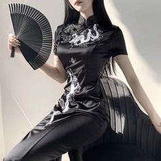 Medium Measurements In Last Photo Recommend For 115-125 Lbs New And Unused Black Didn’t Come With Tags Dragon Woman Dress, Luxury Silk Fitted Ao Dai, Chinese Silk Robe Dragon, Chinses Dress, Gaun Koktail, Sukienki Plus Size, Breathable Clothes, Qipao Dress, Fitted Midi Dress