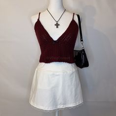 Hand made burgundy crochet tank top with a black bow detail. Maroon Tank Top, Womens Tank Tops, Crochet Tank Top, Crochet Tank, Crochet Shirt, Wine Colored, Black Bow, Bow Detail, Womens Tank