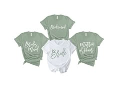 three shirts with the words bride and groom written on them in green, white and grey