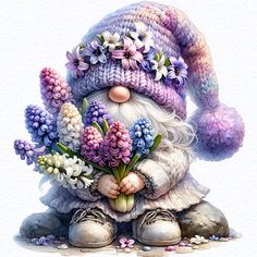 a painting of a gnome with flowers in his hands