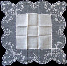 This vintage linen and lace wedding hankie has an embroidered net lace border featuring a small floral and trellis design. Measuring a little over 11 inches, and is eggshell or off white in color. This handkerchief is unused, but some of the embroidery along the edges has become a little loose, as seen in the photo. Lace Handkerchiefs With Lace Trim For Wedding, Elegant Lace Handkerchiefs With Lace Trim, Lace Wedding Handkerchiefs With Lace Trim, Lace Wedding Handkerchiefs With Lace Work, Wedding Lace Handkerchief With Lace Work, Wedding Handkerchiefs With Lace Work, Classic White Lace Handkerchiefs, Classic White Lace Handkerchief, Classic White Lace Work Handkerchiefs