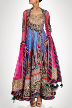 Blue and purple long anarkali suit available online – Panache Haute Couture Multicolor Anarkali Churidar With Traditional Drape, Anarkali Long Choli For Designer Wear, Designer Anarkali Choli With Long Shape, Multicolor Anarkali Set With Dabka Work, Designer Long Anarkali Set, Designer Anarkali Set, Anarkali Churidar With Intricate Embroidery For Designer Wear, Designer Multicolor Anarkali Churidar, Designer Anarkali Churidar In Multicolor