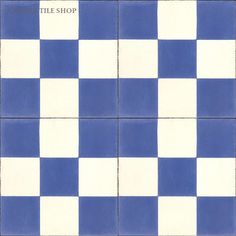 a blue and white checkered tile pattern with the words tile shop written on it