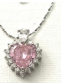 details: vintage necklace stamped 750 plated 18k white gold plated pink Tropez heart necklace vintage jewelry Pink Cubic Zirconia Rhinestone Necklace As Gift, Silver Cubic Zirconia Rhinestone Necklace For Valentine's Day, Elegant Pink Sterling Silver Heart Necklace, Pink Cubic Zirconia Pendant Necklace, Pink Cubic Zirconia Heart Necklace, Pink Round Necklace For Valentine's Day, Pink Heart Cut Cubic Zirconia Necklace, Formal Pink Pendant Jewelry, Pink Cubic Zirconia Jewelry For Valentine's Day