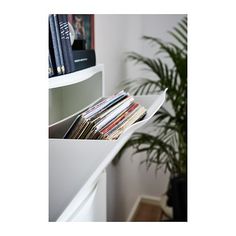 a book shelf with books and magazines in it next to a plant on the floor