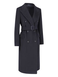 Tagliatore double-breasted coat - made exclusively for Sugar - in blue cashmere with peak lapels, button closure, removable adjustable waist belt, two front pockets, central back split, buttons on the cuffs, and straight hem. Composition: 100% Cashmere Designer Wool Coat With Double Button For Business, Luxury Business Peacoat With Button Closure, Designer Wool Coat With Double Button For Office, Designer Wool Coat With Double Button Closure For Office, Luxury Business Peacoat, Designer Double Button Peacoat For Work, Luxury Double Button Peacoat For Work, Luxury Belted Wool Coat For Business, Luxury Single-breasted Peacoat For Office