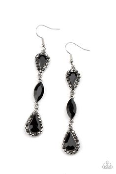 Test of TIMELESS Black Earring - Paparazzi Accessories  A trio of teardrop and marquis cut black gems fall in succession from the ear. The teardrops are set in silver frames studded with hematite rhinestones for a sparkly finish. Earring attaches to a standard fishhook fitting.  All Paparazzi Accessories are lead free and nickel free!  Sold as one pair of earrings. Teardrop Silver Earrings, Black Gems, Prom Jewelry, Silver Frames, Paparazzi Accessories, White Rhinestone, Black Jewelry, Black Necklace, Black Earrings