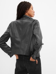 Faux-Leather Moto Jacket | Gap Factory Edgy Biker Jacket With Zip Fly For Work, Fall Biker Jacket With Asymmetrical Zip And Pockets, Long Sleeve Biker Jacket With Zip Fly For Fall, Classic Outerwear With Asymmetrical Zip For Work, Classic Leather Jacket With Zipper For Spring, Casual Faux Leather Biker Jacket With Zipper, Biker Leather Jacket With Asymmetrical Zip For Work, Chic Fall Biker Jacket With Zip Fly, Sleek Leather Jacket With Zipper Closure