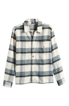 Midweight flannel woven in a bold plaid brings casual, relaxed comfort to an overshirt crafted with a touch of wool and a fit that's easy to layer in the cold. 29 1/2" length; 44" chest (size Medium) Spread collar Long sleeves with button cuffs 65% polyethelene, 20% wool, 15% other fibers Dry clean Imported Classic Plaid Button-up Shacket, Casual Yarn-dyed Button-up Flannel Shirt, Casual Yarn-dyed Long Sleeve Flannel Shirt, Casual Yarn-dyed Tops For Fall, Flannel Button-up Shacket For Work, Casual Yarn-dyed Flannel Shirt For Fall, Casual Yarn-dyed Shirt For Fall, Yarn-dyed Button-up Tops For Fall, Fall Season Yarn-dyed Button-up Tops