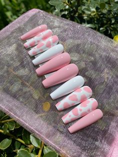 Baby Pink Cow Print Press On Nails *Cow print is handpainted and will be unique every time depending on size/style! In the photos are Extra Long Coffin - Size Small Styles available for this set: Short Coffin Medium Coffin Long Coffin Extra Long Coffin Stiletto / Almond Included with the purchase are the desired set of nails (10 nails total) and an application kit: cuticle pusher, mini nail file, mini nail buffer, alcohol prep pad, and nail glue. With proper application and care, these nails can Baby Pink Nails Acrylic, Pink Cow Print, Baby Pink Nails, Cow Nails, Pink Cow, Pink Acrylic Nails, Nails Inspo