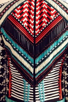 Backstage at Balmain SS15 Today's Inspiration, Balmain Men, Beaded Jacket, Embellished Jacket, Colorful Patterns, Geometric Graphic, Creation Couture, White Turquoise, Fashion Gallery