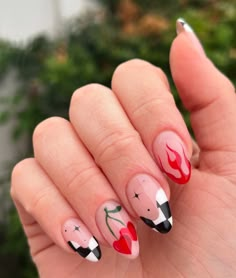 🏁🍒🖤 Ib: @landofhands . . . . . . . . . . . #nailinspo #mixmatchnails #summernails #cherrynails #flamenails #gelx #gelxnails #bostonnails #bostonnailtech #nailsbysarai #uñas #uñasdecoradas #uñasacrilicas Flames Design Nails, Fire Design Nails Acrylic, Black Heart Flame Nails, Face Nail Art Woman, Neutral Flame Nails, Red Nail Designs Natural Nails, Red Flame French Tip Nails, Holographic Flame Nails, Red And Orange Flame Nails