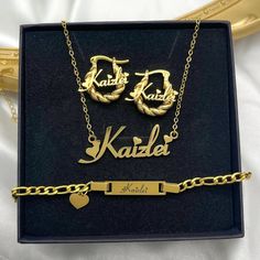 Stainless steel and gold platedThis set includes 1x name tiny twist hoops 1x 16” name necklace 1x baby ID bracelet Twist Earrings, Bracelet Set Silver, Heart Letter, Gold Bracelet Set, Mini Hoop Earrings, Love Bracelet, Id Bracelets, Name Jewelry, Letter Necklace