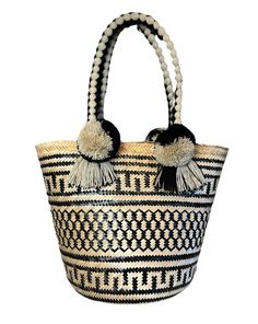 Wayuu handmade straw bag perfect for a day at the beach or touring on your vacation. Traditional Woven Straw Vacation Bag, Travel Cotton Straw Bag, Woven, Eco-friendly Handwoven Straw Bag For Vacation, Artisan Style Basket-shaped Straw Bag, Vacation Shopping, Eco-friendly Handwoven Rattan Beach Bag, Indigenous Community, Basket Bag, Palm Leaves