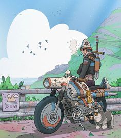 a man riding on the back of a motorcycle next to a small dog and cat