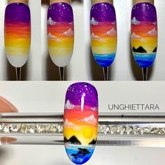 Nail Art Scenery, Nail Art Coconut Tree, Landscape Nail Art, Aquarelle Nail Art Step By Step, Tropical Drink Nail Art, Sea Nail Art, Sea Nails, Beach Nail Art, Fancy Nail Art