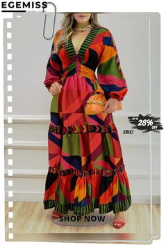 Printed V-neck Long-sleeved Long Dress Chic Multicolor Maxi Dress For Fall, Multicolor V-neck Dress For Brunch, Casual Maxi Dress With Surplice Neckline For Fall, Casual Multicolor Maxi Dress With Surplice Neckline, Multicolor Casual Maxi Dress With Surplice Neckline, Trendy Multicolor V-neck Dress, Chic Multicolor Maxi Dress With Surplice Neckline, Chic Multicolor V-neck Dress, Chic Multicolor V-neck Dress For Vacation