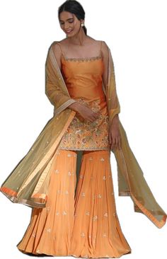 Shop beautiful orange embroidered sharara suit online in USA with dupatta. Look your best at weddings and parties in Indian dresses, designer lehengas, Anarkali suits, designer gowns, salwar suits, sharara suits from Pure Elegance Indian fashion store in USA.-full view Suits Sharara, Anarkali Suits Designer, Suit With Dupatta, Embroidered Sharara, Sharara Suits, Designer Lehengas, Sharara Suit, Dresses Designer, Anarkali Suits