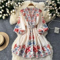 Bohemian Floral Print Belted V-Neck Dress V-neck Printed Floral Dress For Garden Party, Spring Bohemian V-neck Dress, Printed V-neck Spring Vacation Dress, Spring V-neck Floral Dress For Brunch, Multicolor V-neck Boho Dress For Garden Party, Spring Floral Print V-neck Dress For Vacation, Bohemian V-neck Dresses For Spring, Flowy Floral Print V-neck Dress For Day Out, Multicolor V-neck Boho Dress For Spring