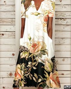 Fisdy - Vestido casual floral con cuello en V y mangas cortas y largas (Modelo nº 2305) Vintage Print Dress, Bohemian Dresses Long, Flower Skirt, V Neck Midi Dress, Vestido Casual, Loose Dress, Basic Outfits, Printed Midi Dress, Sierra Leone