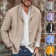 Men's Lightweight Jacket Blazer Casual Daily Breathable Classic Spring Fall Autumn Solid Color Sporty Casual Turndown Regular Regular Fit Black Yellow Blue Purple Khaki Jacket 2024 - $21.99 Rugged Khaki Cotton Outerwear, Outdoor Khaki Single-breasted Sport Coat, Men’s Canvas Jacket, Khaki Button-up Sport Coat With Pockets, Khaki Linen Single-breasted Outerwear, Mens Lightweight Jacket, Khaki Jacket, Sporty Casual, Mens Linen