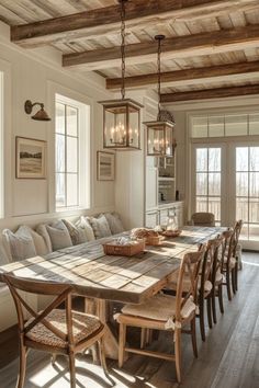 a large wooden table sitting in the middle of a living room