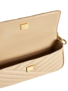 Body: 100% Sheep leather Lining: 50% Polyurethane, 50% Nylon Designer Beige Baguette Bag With Gold-tone Hardware, Designer Beige Baguette Bag In Pouch Shape, Luxury Beige Baguette Bag For Evening, Luxury Baguette Bag For Travel, Luxury Baguette Shopping Bags, Luxury Baguette-shaped Shopping Bags, Luxury Travel Baguette Bag, Beige Baguette Shoulder Bag For Formal Occasions, Designer Travel Baguette Shoulder Bag