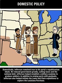 Election of 1800 - Thomas Jefferson Presidency: Using a traditional storyboard, have students outline and explain the major policies and actions of Thomas Jefferson as president. Military Academy, Lewis And Clark