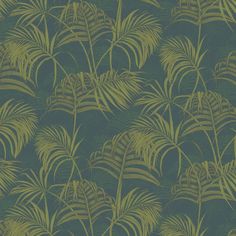 a green and yellow wallpaper with palm leaves