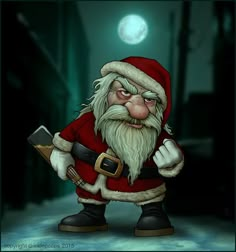 a cartoon santa claus holding a knife in his right hand and looking at the camera