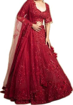 Red Embellished Georgette Sharara, Red Embellished Sharara For Navratri, Red Sequined Georgette Sets, Red Sequined Sets For Navratri, Designer Red Sequined Sets, Red Gown For Navratri Reception, Red Gown For Reception And Navratri, Red Gown For Reception At Navratri, Red Dresses For Reception And Navratri