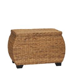 a wicker ottoman with black legs on a white background