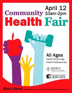 a poster for community health fair with hands holding up an apple and the words community health fair