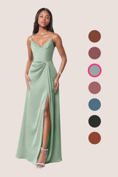 a woman in a long green dress with different colors and shapes to choose from, including the