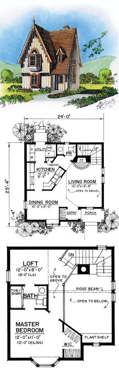 two story house plans with an open floor plan for the first and second floors,