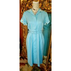 This beautiful dress is from the early 50's by Alexander's of California. Made of baby blue linen.  This dress is extremely high quality and beautifully constructed. Pristine condition! Classic shirtwaist style with hidden buttons all the way down the front. Scalloped collar and sleeves with white embroirdered flowers and edges. Matching slide buckle belt.  Hidden pockets. The linen has very nice body.  Best fit would be a Medium, however, please see the measurements below for a proper fit.  All sales are final. Measurements Armpit-armpit doubled 38" Waist 30" Length from nape of neck 43" Vintage Light Blue Daywear Dress, Vintage Light Blue Dress For Daywear, Light Blue Vintage Daywear Dress, California Baby, Nape Of Neck, Baby Blue, Dress Clothes For Women, Day Dresses, Alexander