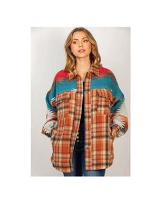 New Boho Western Aztec Tribal Plaid Shacket Flannel Shirt Jacket Yellowstone Vintage Inspired Outerwear - Color: Brown/Teal/Rust - Collared - Button front closure - Distressed raw hems - 2 Buttoned flap chest pockets - 2 Welt side pockets - Drop shoulder long sleeves - Polyester Size S 2/4: Bust 33-34 Waist 25-26 Hips 35-36 Size M 6/8: Bust 35-36 Waist 27-28 Hips 37-38 Size L 10/12: Bust 37-38 Waist 29-30 Hips 39-40 Size XL 12/14: Bust 39-40 Waist 31-32 Hips 41-42 Size chart is for body measurem Multicolor Cotton Outerwear For Fall, Multicolor Fall Outerwear With Pockets, Multicolor Tops With Pockets For Fall, Multicolor Collared Outerwear With Pockets, Multicolor Button-up Outerwear For Fall, Western Cardigan, Western Aztec, Brown Teal, Plaid Shacket