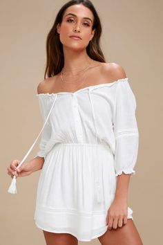 Trendy White Dresses for Women in the Latest Styles | Find a Cute Little White Dress for a Summer Party | Affordable All-White Dresses Cream Off-shoulder Dress With Ruffles, Casual White Off-shoulder Mini Dress, Off White Sundress For Day Out, Off White Ruffled Dresses, Off-shoulder Ruffle Dresses For Daywear, Off-shoulder Daywear Dresses With Ruffles, Off White Sleeveless Dress For Day Out, Cream Sleeveless Dresses For Day Out, Feminine Off White Dress For Day Out