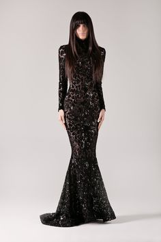 Naveen Formal High-neck Lace Dress, Formal High Neck Lace Dress, High Neck Lace Dress For Formal Occasions, Luxury Fitted Dress With Long Train, High Neck Gala Dress With Back Opening, Black Fitted High Neck Evening Dress, Formal Gown With Sheer Bodice And Long Train, Luxury Fitted Sequin Gown, Glamorous Embroidered Gown For Gala