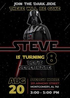 star wars birthday party flyer with darth vader on the front and back side