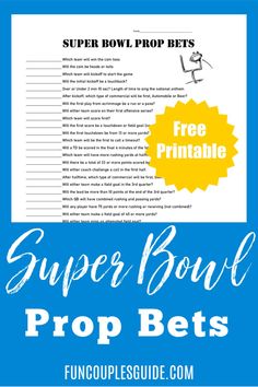 the printable super bowl game for kids is shown in blue and yellow with text overlay