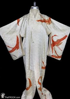 "www.TheFROCK.com www.CTMadrigal.com www.amazon.com/author/ctmadrigal Antique or near-antique silk damask kimono, robe or coat, in ivory damask with large scale exotic gold and pumpkin colored birds. Dip-dyed silk liner. Exterior ties. Measures about 48\" around where tied, and 64\" long. Condition is excellent. Layaway is available. Age-appropriate wear on vintage and antique kimonos may include slight color variation or bleed on vintage and antique hand-dyed kimono textiles, light soil and/or Long White Vintage Kimono, White Long Vintage Kimono, Traditional White Robe With Kimono Sleeves, Silk Kimono Robe, Pumpkin Colors, Vintage Fur, Silk Dyeing, Silk Kimono, New Years Sales