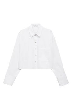 Honeyed mother-of-pearl buttons punctuate a crisp cotton button-up shirt that's completed by an oversized patch pocket on the chest. Front button closure Point collar Long sleeves Chest patch pocket 100% cotton Machine wash, line dry Imported Classic Cropped Button-up Shirt With Button Cuffs, White Cotton Cropped Shirt With Button Closure, White Cropped Long Sleeve Shirt With Buttons, Classic White Cropped Shirt For Daywear, White Long Sleeve Cropped Shirt With Button Closure, White Cropped Shirt With Long Sleeves And Buttons, Chic Cropped Shirt With Pockets For Work, Classic Spring Cropped Shirt With Button Cuffs, Spring Long Sleeve Cropped Shirt With Button Cuffs