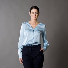 Light Blue Long Sleeve Blouse, Vintage Blouse With Fabric buttons, Classic office blouse, V-neck bus Satin V-neck Top For Office, Elegant Long Sleeve Silk Top, Elegant Long Sleeve Blouse With Button Closure, Elegant V-neck Shirt With Button Cuffs, Spring Satin Blouse With Buttons, Satin Blouse With Buttons For Spring, Elegant V-neck Shirt With Buttons, Elegant Long Sleeve Tops With Button Closure, Elegant Satin Tops With Button Cuffs