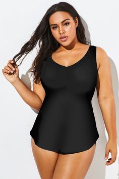 Black V-neck Sarong Front One Piece Swimsuit Stretch V-neck Tankini For Swimming, Stretch V-neck Shapewear Swimwear, Chic Solid Color V-neck Swimwear, Chic Black V-neck Swimwear, Elegant V-neck Tankini With Lined Body, Solid V-neck Bodysuit For Summer, Black V-neck Bodysuit For Beachwear, V-neck Lined Bodysuit For Swimming, V-neck Shapewear Bodysuit