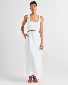 White Casual Maxi Dress With Fitted Bodice And Square Neck, Unlined A-line Linen Dress For Daywear, Midi Dress With Smocked Back For Day Out, Fitted Midi Dress With Natural Waistline For Summer, Casual Midi Dress With Fitted Bodice For Daywear, Sleeveless Linen Maxi Dress For Daytime, Chic Maxi Dress With Fitted Bodice For Daywear, Linen Dress With Smocked Back For Day Out, Fitted Maxi Dress With Straight Neckline For Daywear